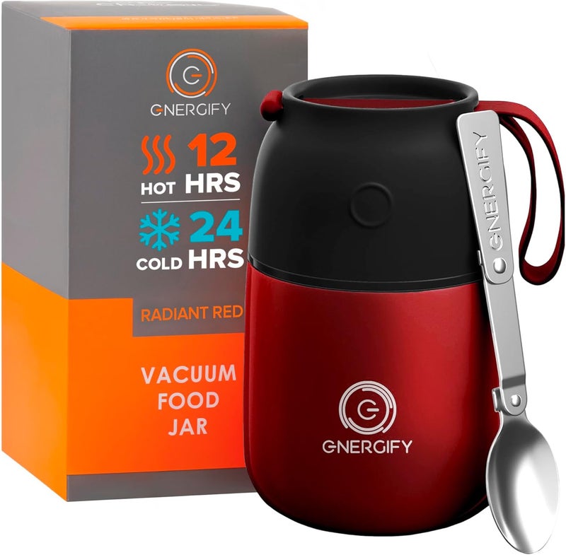 ENERGIFY Vacuum Insulated Food Jar. Large 17oz Bowl incl. Folding Spoon, Cup. Wide Mouth Keep Hot & Cold Drinks Soup Lunch Container for Adults. BPA-Free Stainless Steel, Leak Prooff Radiant red - Image 1